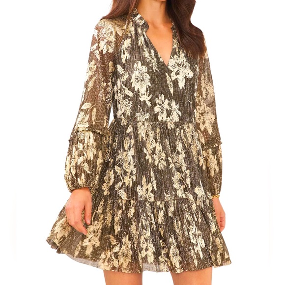 NEW Vince Camuto Lurex Floral Print Tiered Shift Dress Black & Gold Size XL - Picture 1 of 15